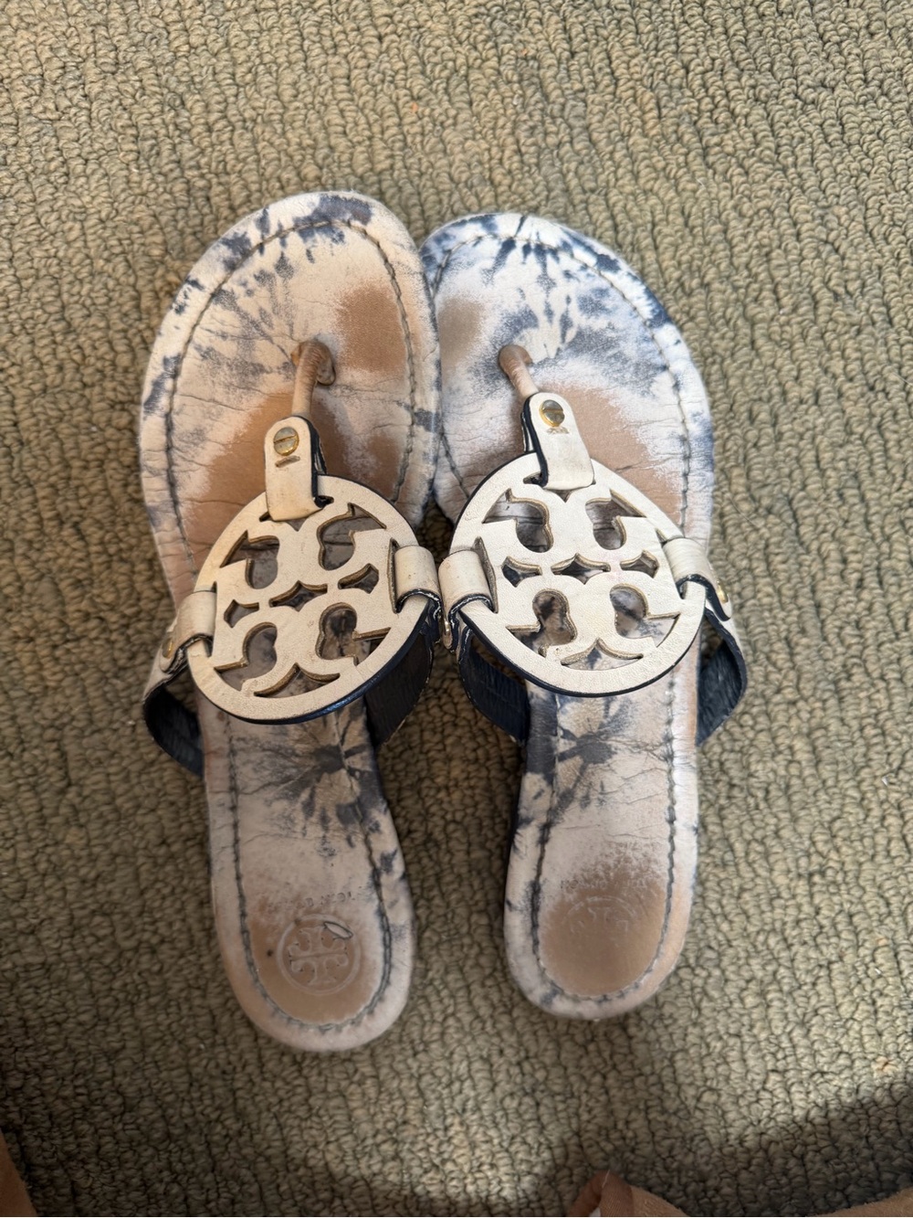 Tory Burch White and Navy Miller Logo Tie-Dye Sandals